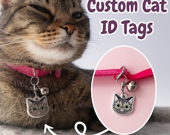 Cute Custom ID Tags for Cats, Personalized Cat Tags for Collar, Cute Pet ID tag, Cartoon Cat Head Keychain, Double Sided Cat Head ID Tag