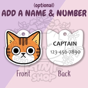 Puede incluir: Un dibujo animado de un gato naranja y negro en una etiqueta blanca con un anillo para una correa. La parte posterior de la etiqueta es blanca con el texto "CAPTAIN" y el n&uacute;mero de tel&eacute;fono "123-456-7890".