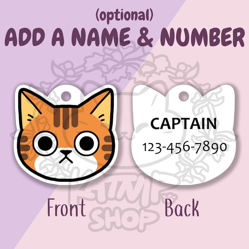 Puede incluir: Un dibujo animado de un gato naranja y negro en una etiqueta blanca con un anillo para una correa. La parte posterior de la etiqueta es blanca con el texto "CAPTAIN" y el n&uacute;mero de tel&eacute;fono "123-456-7890".