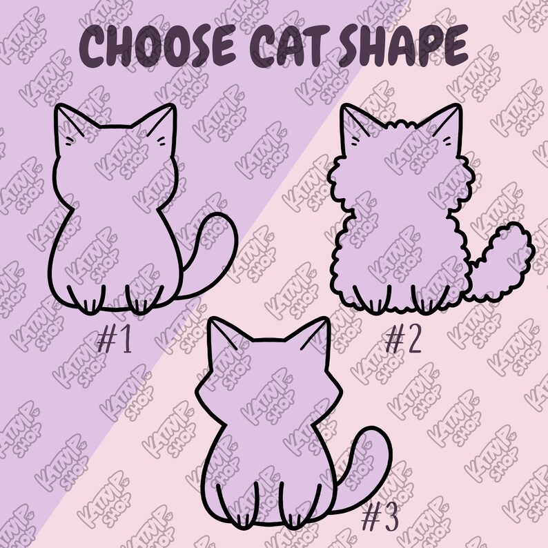 May include: Three different cat shapes to choose from for a custom design. The first cat is a simple, rounded shape. The second cat is fluffy with a round body. The third cat is a more detailed shape with a long tail.