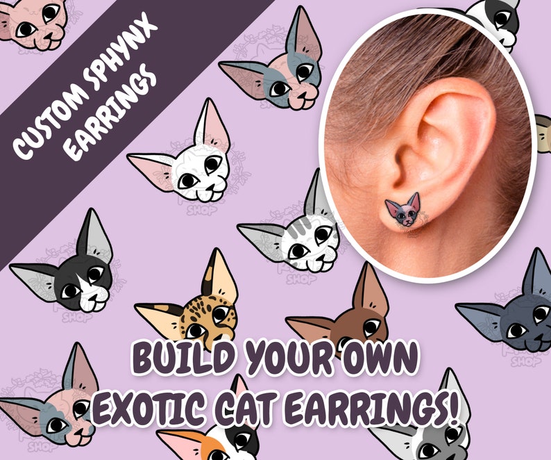 Custom Sphynx Cat Earrings, Design Your Own Cat Earring Studs, Personalized Cat Earring Studs, Gifts for Cat Mom, Custom Jewelry image 1