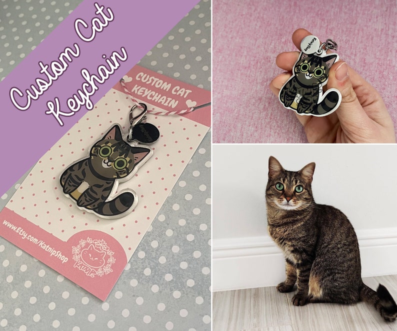 Custom Cat Keychains, Personalized Cat Keychain, Custom Pet Portrait Keychain, Cute Keychain, Kawaii Keychain, Gifts For Cat Lovers Bild 1