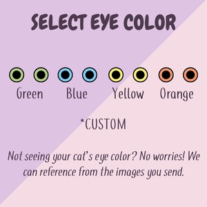 May include: A chart with six different eye colors for cats: green, blue, yellow, orange, and custom. The chart is on a light purple background with a diagonal line dividing the background into two sections. The top section is light purple and the bottom section is light pink.