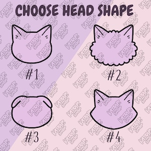 Puede incluir: Cuatro formas de cabeza diferentes para un dise&ntilde;o de personaje. Las formas est&aacute;n numeradas del 1 al 4. La primera forma es una cabeza de gato con orejas redondeadas. La segunda forma es una cabeza de gato esponjosa. La tercera forma es una cabeza de carlino. La cuarta forma es una cabeza de gato con orejas puntiagudas.