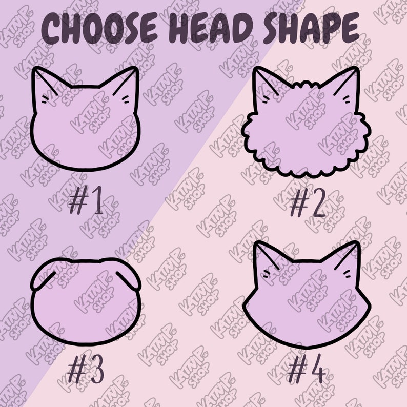 Puede incluir: Cuatro formas de cabeza diferentes para un dise&ntilde;o de personaje. Las formas est&aacute;n numeradas del 1 al 4. La primera forma es una cabeza de gato con orejas redondeadas. La segunda forma es una cabeza de gato esponjosa. La tercera forma es una cabeza de carlino. La cuarta forma es una cabeza de gato con orejas puntiagudas.
