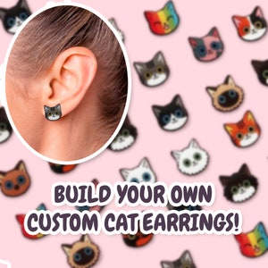 Custom Cartoon Cat Earrings, Design Your Own Cat Earring Studs, Personalized Cat Earring Studs, Gifts for Cat Lovers, Custom Jewelry