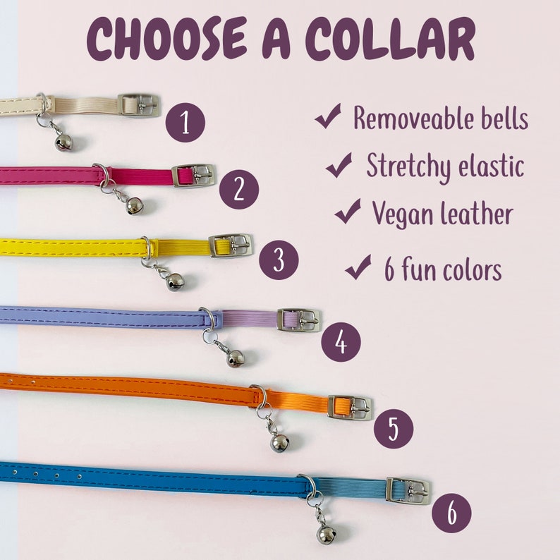 Puede incluir: Seis collares para gatos de colores vivos con cascabeles extra&iacute;bles. Los collares est&aacute;n hechos de cuero vegano y tienen una banda el&aacute;stica extensible. Los colores son blanco, rosa, amarillo, morado, naranja y azul.