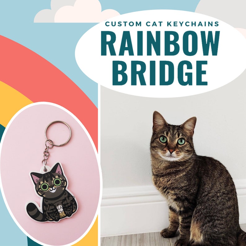 May include: Custom cat keychain with a cartoon cat wearing glasses. The keychain is on a pink background. The text "CUSTOM CAT KEYCHAINS RAINBOW BRIDGE" is in a speech bubble above the keychain.