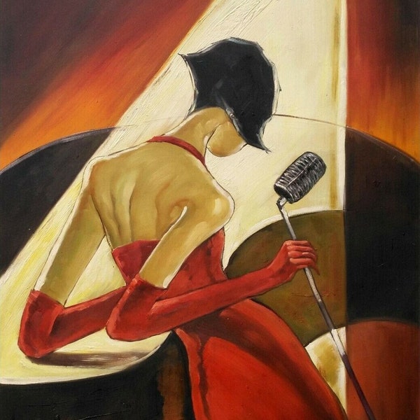 orchestre chanteuse jazz tableau peinture huile sur toile signée / oil painting on canvas jazz musicians