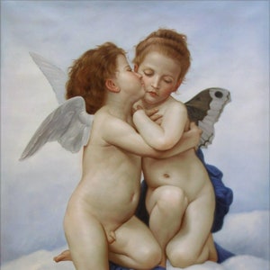 Porträt erster Kuss nach Bouguereau-Gemälde Öl auf Leinwand signiert / Ölgemälde auf Leinwand erster Kuss Engel