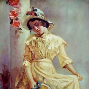young girl with basket of flowers oil painting on canvas / young girl with basket flowers oil painting on canvas