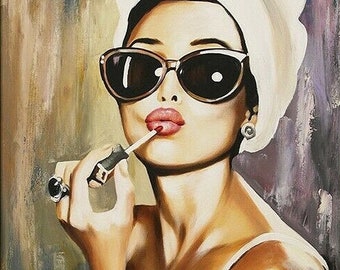 肖像画の女性の絵画 キャンバスにアクリル絵の具 サイン入り / 女性の