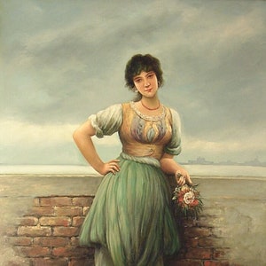 36&quot;x24&quot; oil painting on canvas, woman with basket of flowers, hand painted