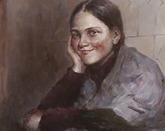 現代美術 大きな肖像画 女性 ブルーアイズ キャンバスに油絵を描く