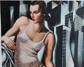 portrait art deco de madame ALLAN BOTT  d'apres Lempicka tableau peinture huile sur toile / mis Bott after Lempicka oil painting on canvas