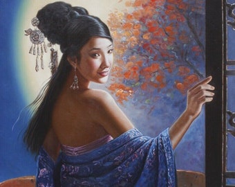 Fine art archaic oriental beauty woman bathing original oil painting