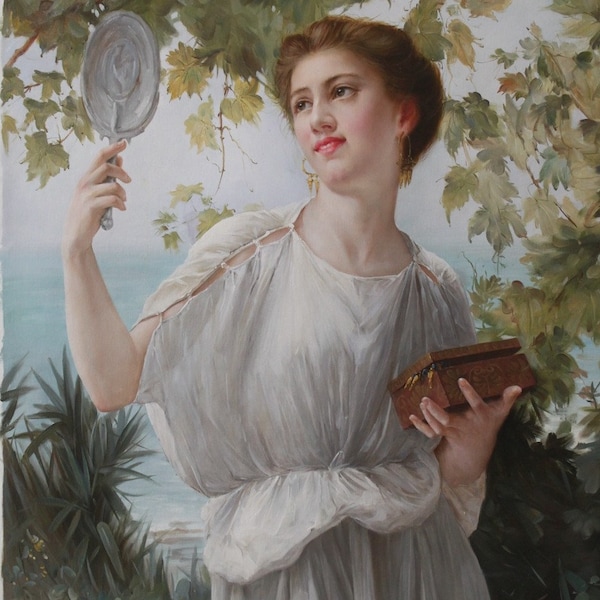 femme avec miroir tableau peinture huile sur toile / female with miror oil painting on canvas