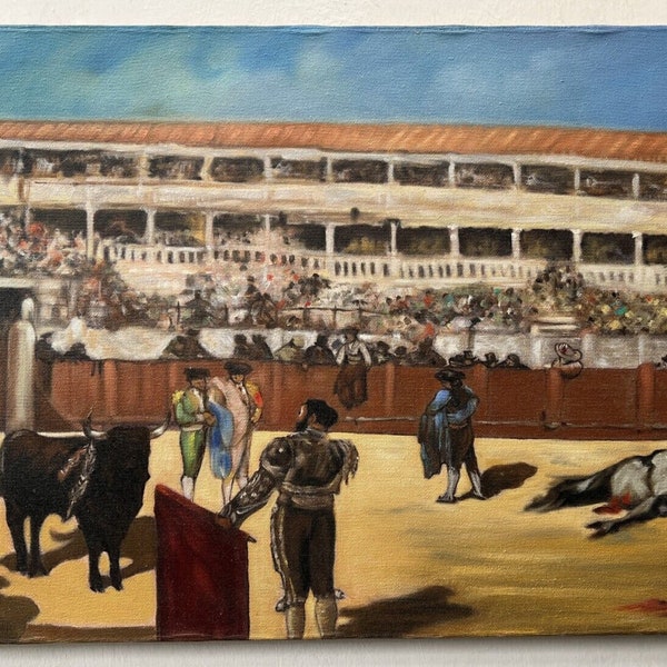 scene de corrida torero oil on canvas / scenery corrida bullfighter original oil painting on canvas
