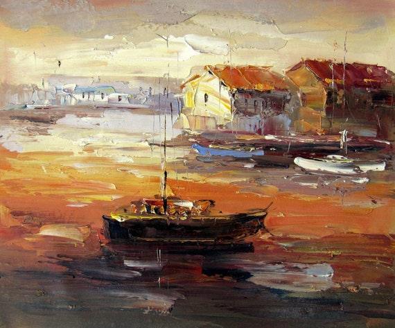 Paisaje marino barco pintura óleo sobre lienzo firmado / pintura al óleo  sobre lienzo el barco -  México