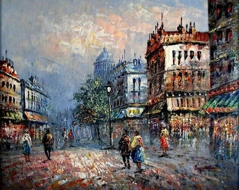 油彩画 パリ風景画 サイン入り ストリートシーン パリの絵画 キャンバスに油絵 サイン入り / 夜のパリ