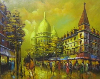 Signed Original 1970's Vintage European Street Scene Oil Painting