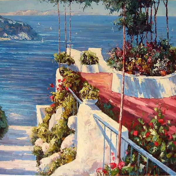 paysage terrasse vue mer tableau peinture huile sur toile / seascape house sea view oil painting on canvas