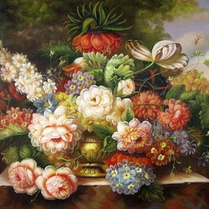 静物画 花束 花 花瓶の絵 キャンバスに油絵 サイン入り / キャンバスに