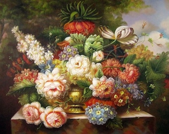 静物画 花束 花 花瓶の絵 キャンバスに油絵 サイン入り / キャンバスに