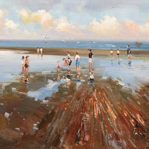 scene children playing at beach oil painting on canvas / scenery children playing at beach oil painting on canvas