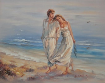 scene lovers at the beach oil painting on canvas / scenery lovers at beach oil painting on canvas