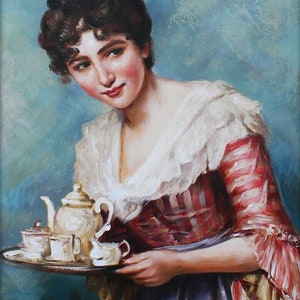 retrato señora sirve té pintura pintura al óleo sobre lienzo firmado / hora del té pintura al óleo sobre lienzo