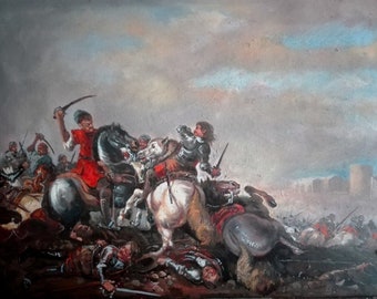 scène de bataille terrestre tableau peinture sur toile signée  / battle oil original painting on canvas