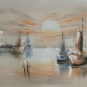 barcos de paisaje marino pintando pintura al óleo sobre lienzo firmado / pintura de barcos de paisaje marino sobre lienzo
