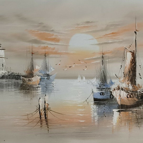 paysage marin bateaux tableau peinture huile sur toile signée  / seascape boat painting on canvas