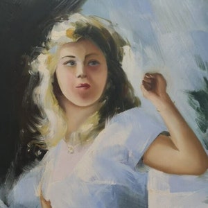 young girl in the countryside original oil on canvas / scenery girl in the garden oil painting on canvas