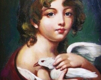 petite fille avec colombe tableau peinture huile sur toile