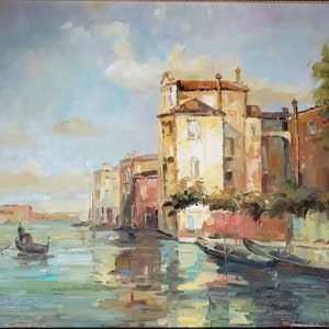 Venice landscape oil on canvas - Gondala Memory Hand Painted Original Oil Painting by P Roiffio Stream Town river