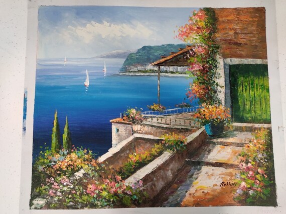 Paysage marin vue mer bateau tableau peinture huile sur toile signée /  seascape painting on canvas vew sea -  France