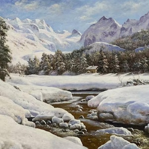 Peder Mork Climb Snow Landscape Oil Painting Reproduction on Canvas