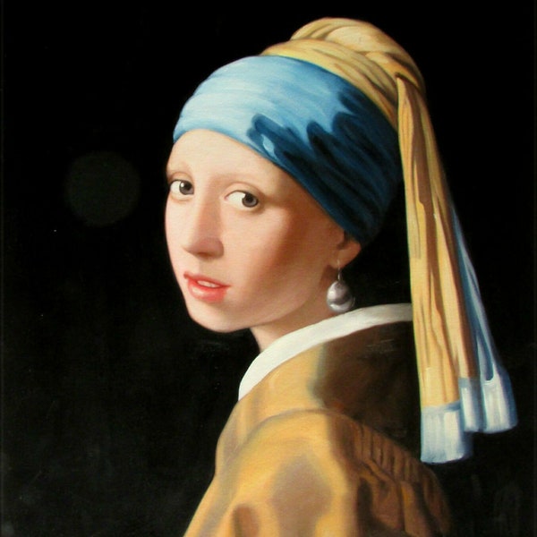 portrait femme d'apres Vermeer  tableau peinture huile sur toile signée / figure woman oil painting on canvas