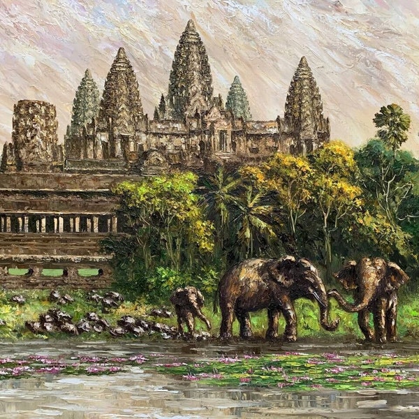 Oil painting wall art temple Angkor cambodia landscape original countryside / camdodia temple oil painting on canvas