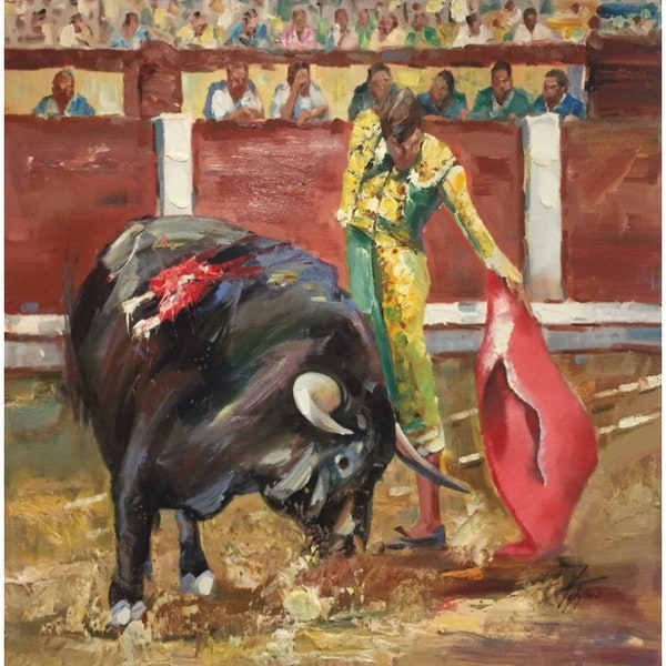 scene de corrida torero oil on canvas / scenery corrida bullfighter original oil painting on canvas