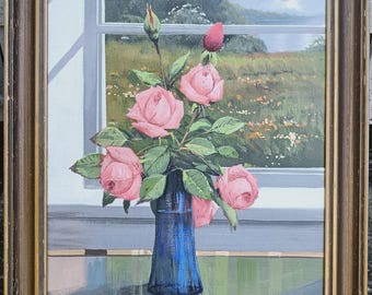 静物画 ピンクの花 油絵 キャンバス / 静物画 バラ 油絵 キャンバス