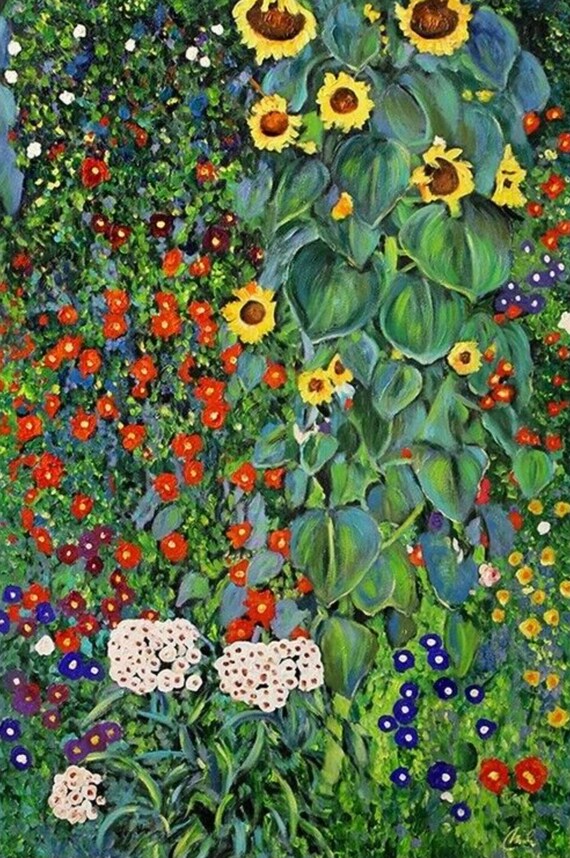 グスタフ・クリムトの後 - ひまわりのある農場の庭 60 x 90 cm 手描き