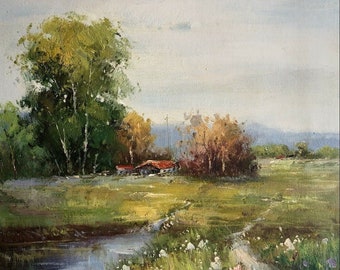 paysage campagne riviere tableau peinture originale  huile sur toile signée / landscape river original  oil painting on canvas