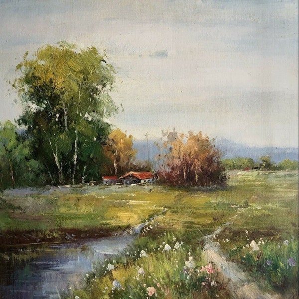 paysage campagne riviere tableau peinture originale  huile sur toile signée / landscape river original  oil painting on canvas