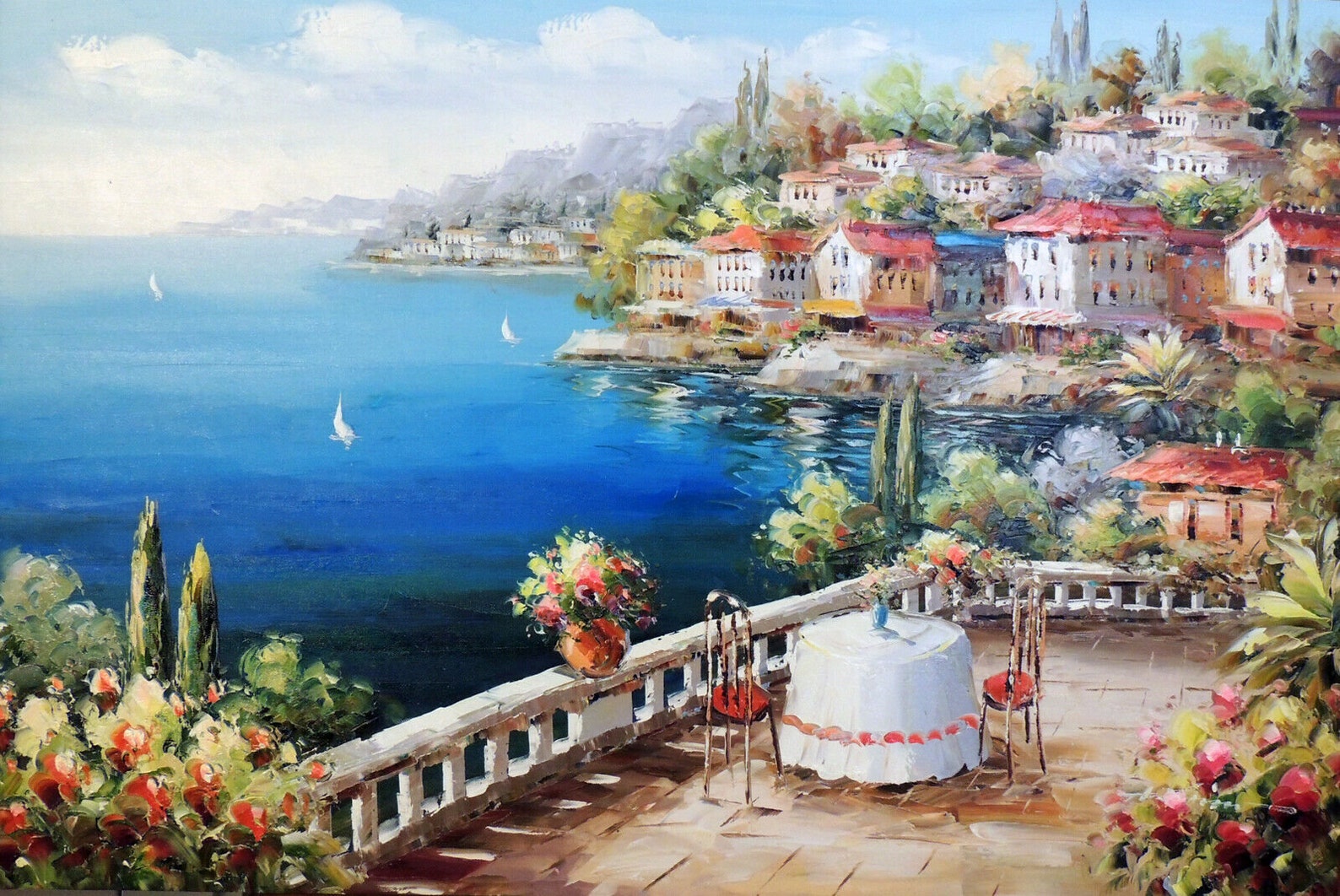 Ozean-Wandbild Auf Leinwand – 80x120 Cm, Weißer Fensterrahmen, Palmen & Meer, Fertig Zum Aufhängen