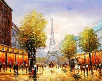 Paris street scene oil painting on canvas signed / Paris street life painting on canvas