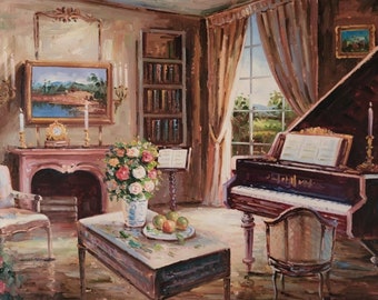 Grand Piano - Living room - flower Painting on canvas 36"x 24" unframed