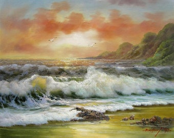 paysage marin mer vagues huile sur toile / oil painting on Canvas sea
